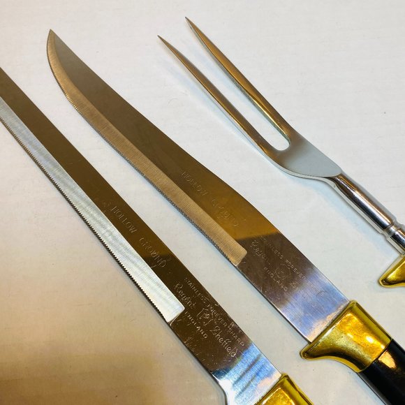Vintage Regent Sheffield Carving 3 pc Knives Hollow Ground Stainless 24K Gold Pl - Picture 6 of 6